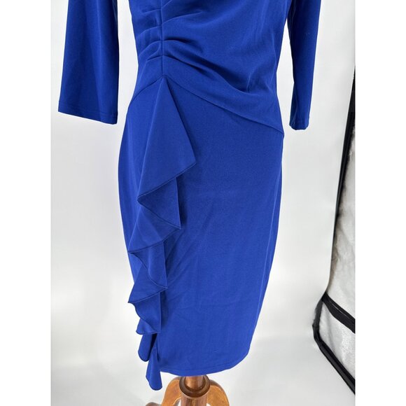 Royal Blue Vintage Ruffled Cocktail Dress With Side Drape, Size L - Picture 4 of 10
